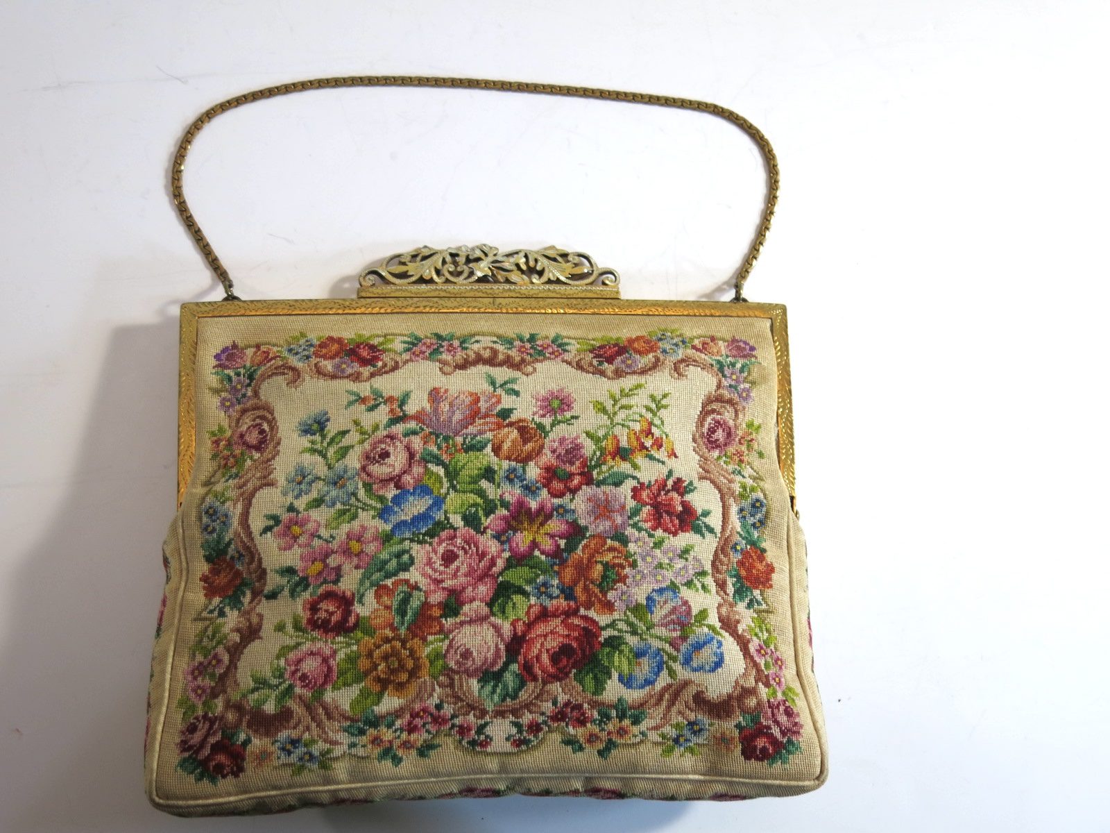 Floral on Beige Needlepoint Purse with Change Purse & Mirror