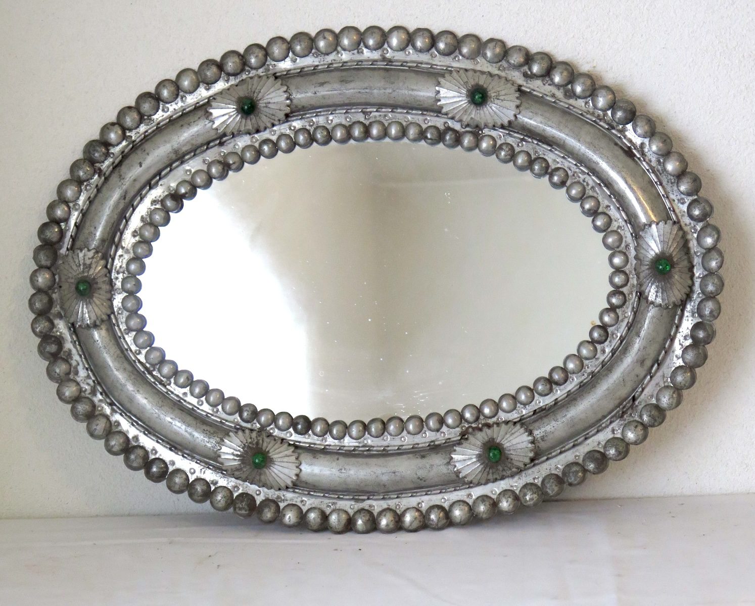 Early 20th C. Hand Made Tin Brutalist Frame Mirror with Glass Balls