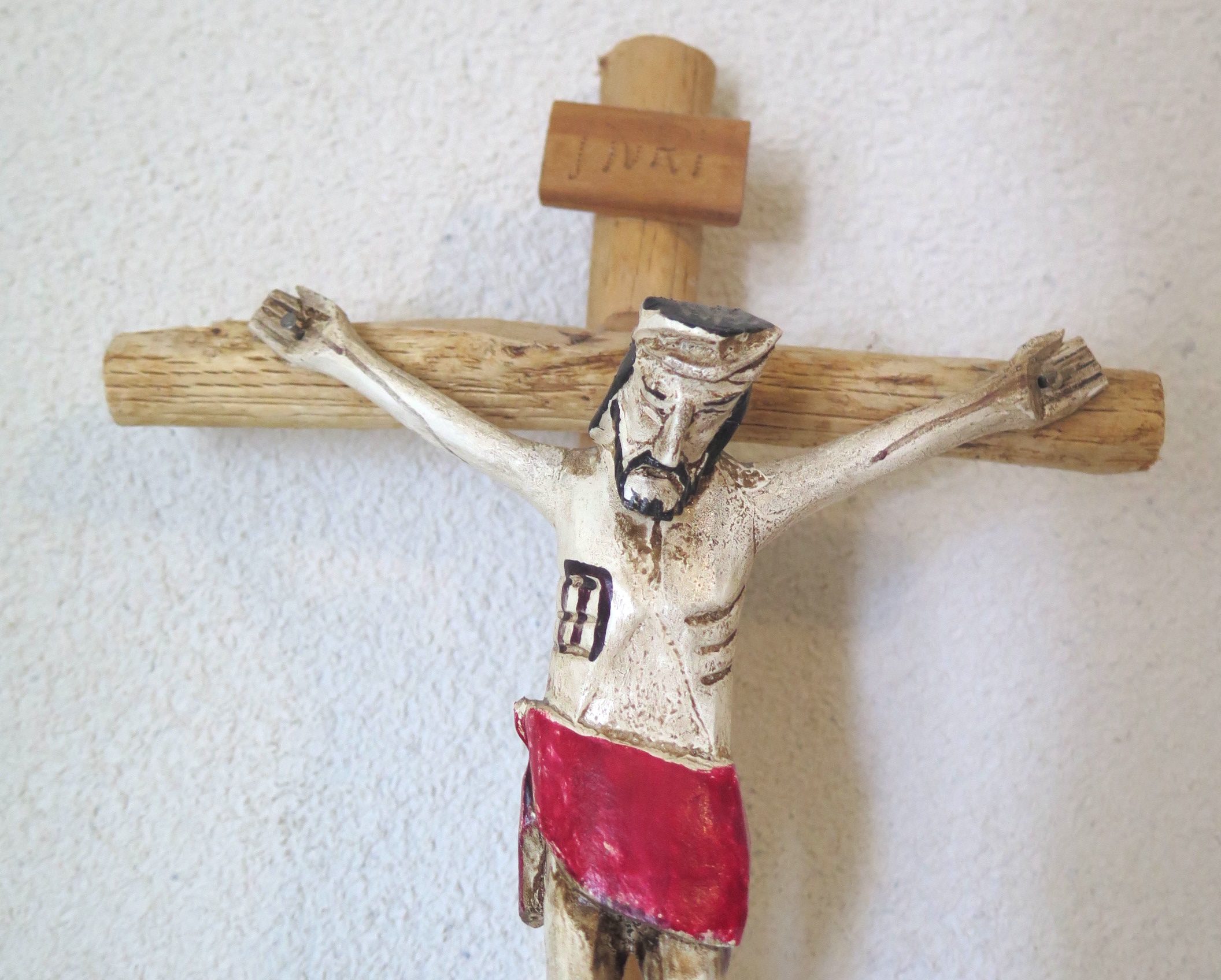 Folk Art Polychrome Hand Carved Crucifix