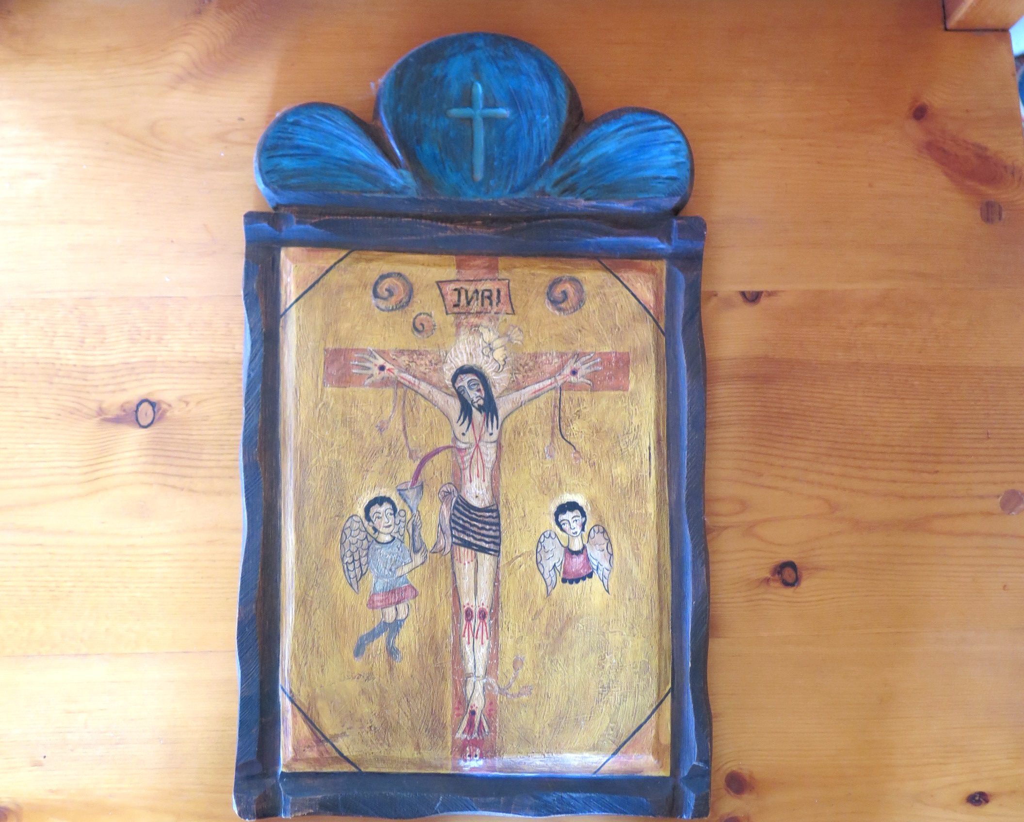 Folk Art Jesus On The Cross with Angels Retablo