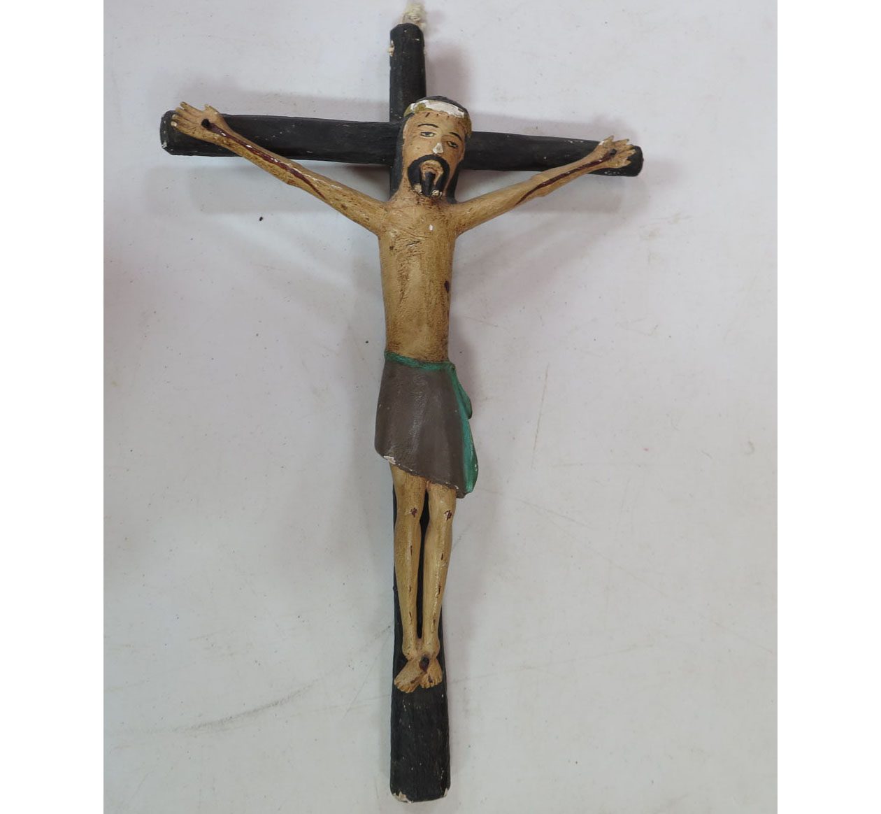 Carved Wood Painted Folk Art Crucifix