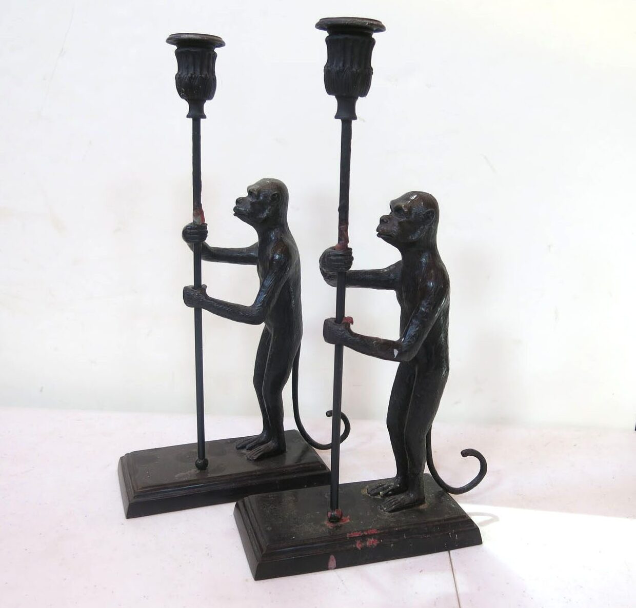 Black Cold Painted Bronze Maitland Smith Monkey Candlesticks