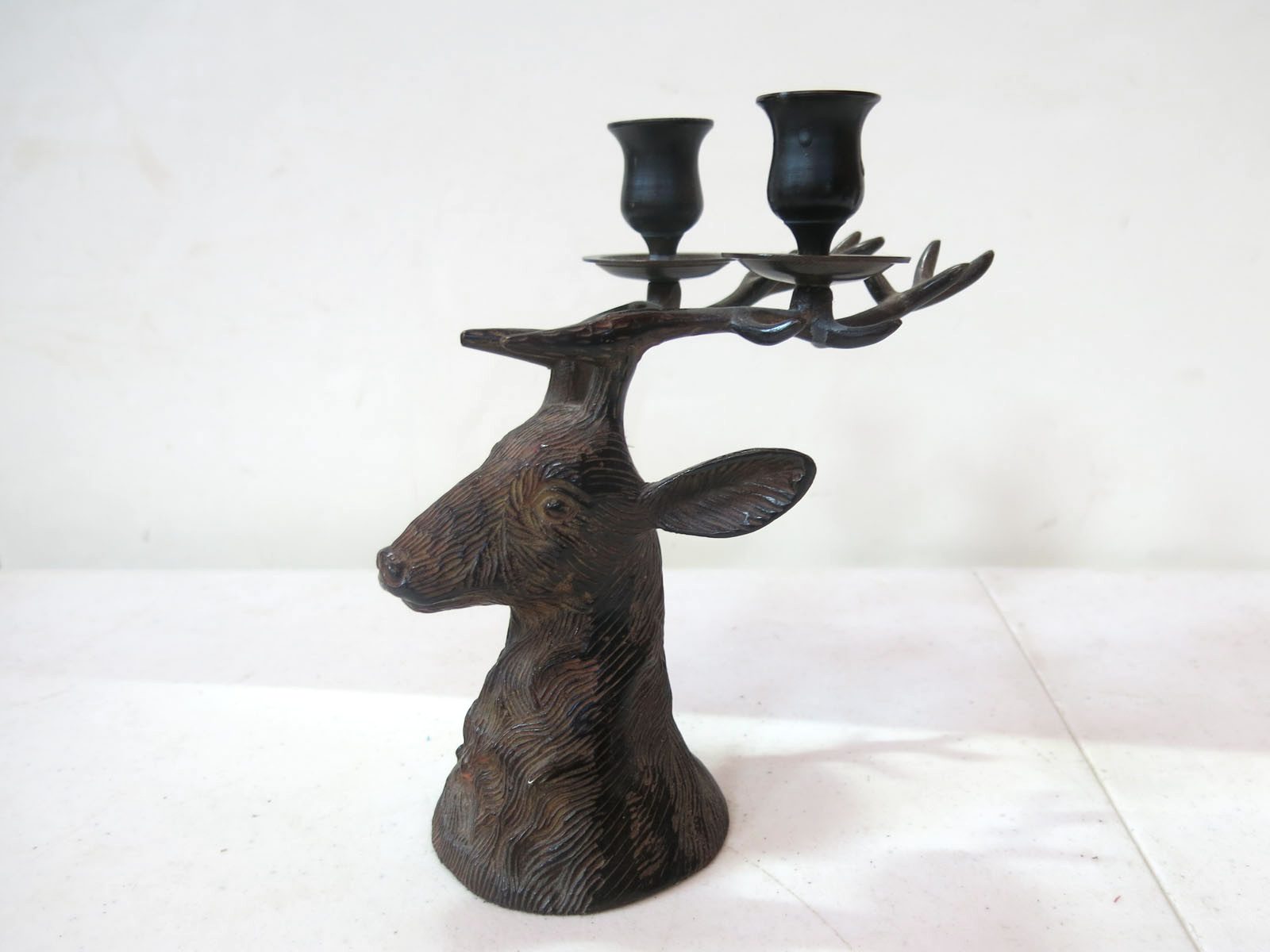 Black Cold Painted Bronze Black Forest Deer Head Candle Holder