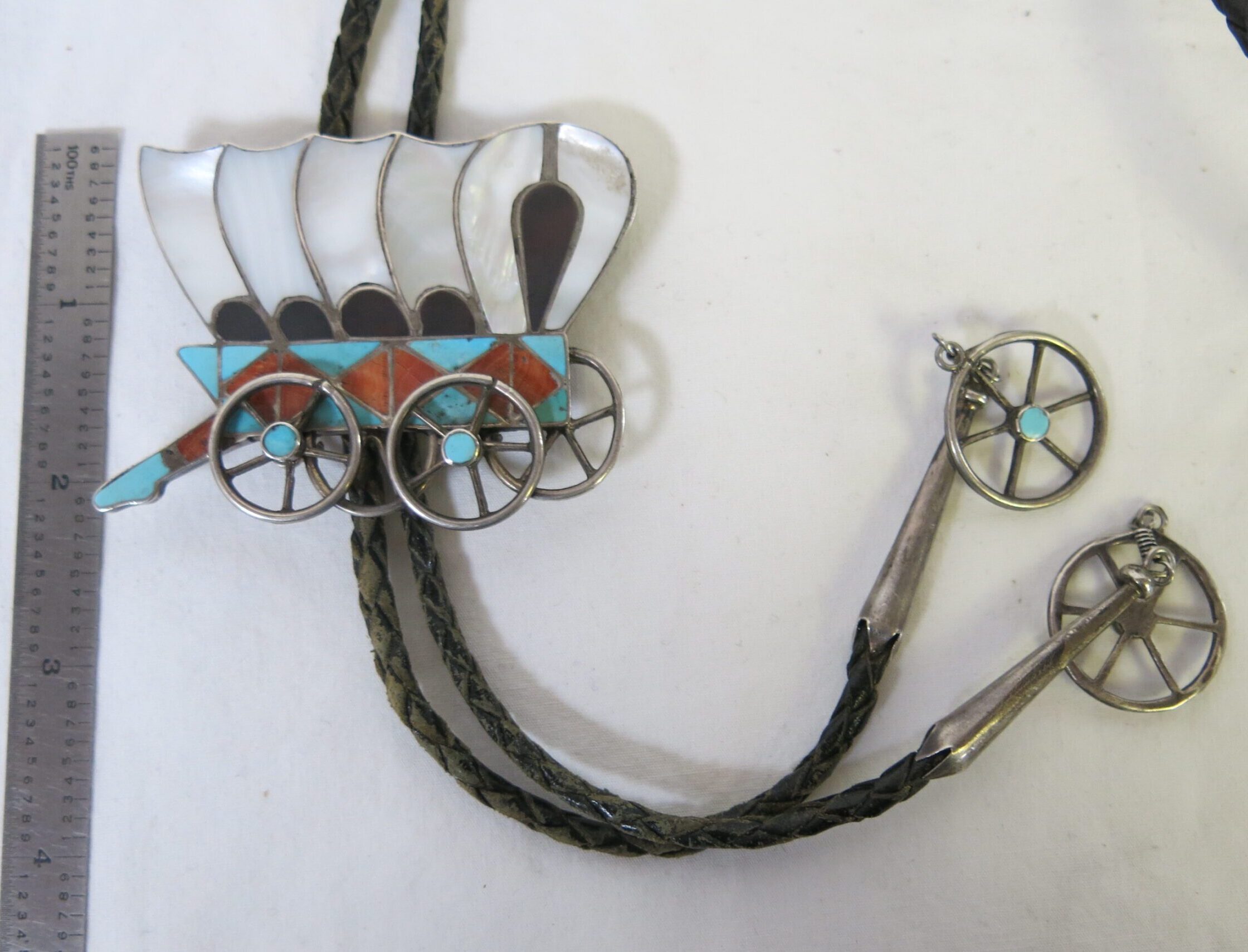 Vintage Joe Zunie Zuni Channel Inlay Covered Wagon Bolo Slide