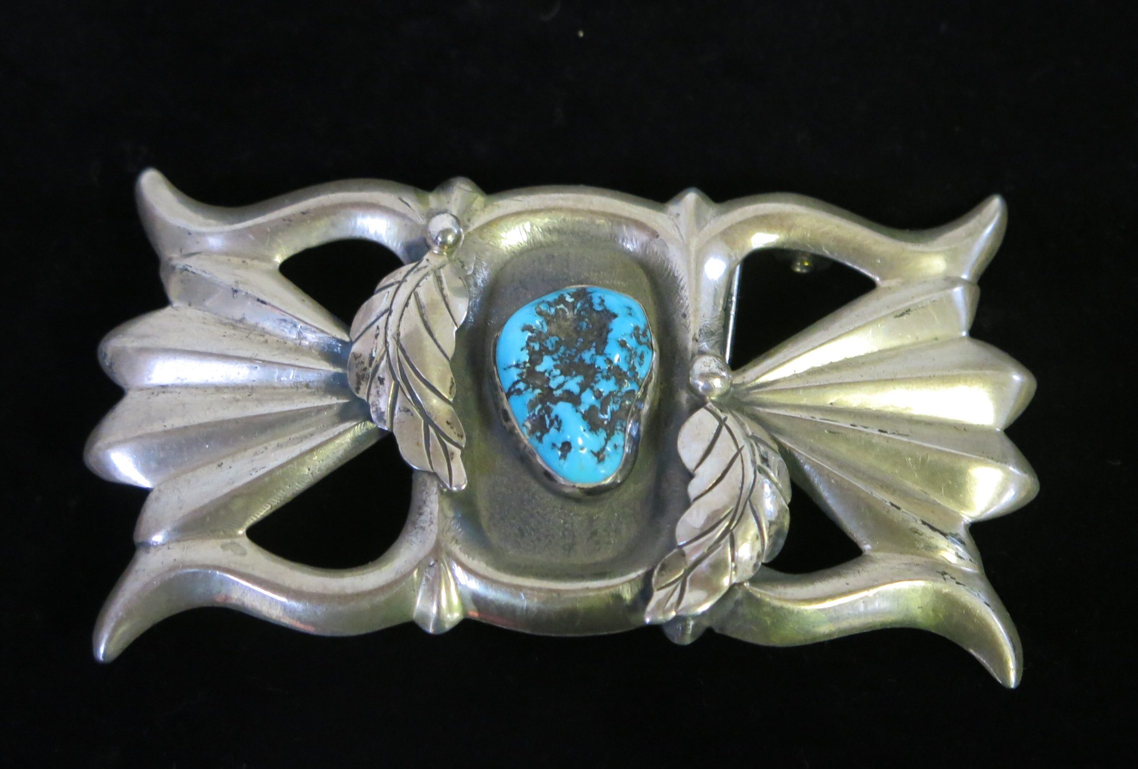 Old Pawn Navajo Turquoise Nugget and Silver Sand Cast Belt Buckle