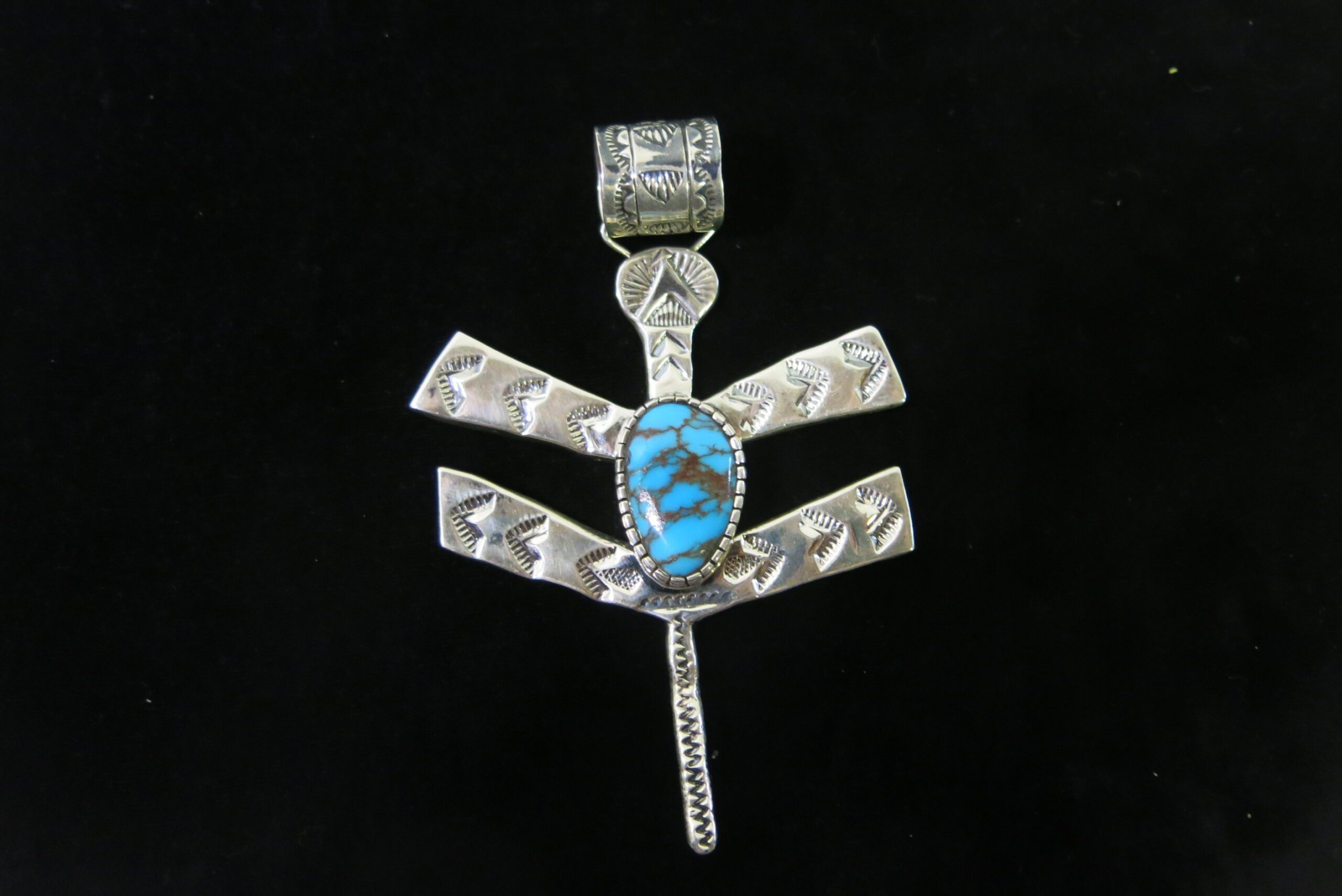 Billy Jaramillo Sterling Silver and Turquoise Cabochon Dragonfly Pendant