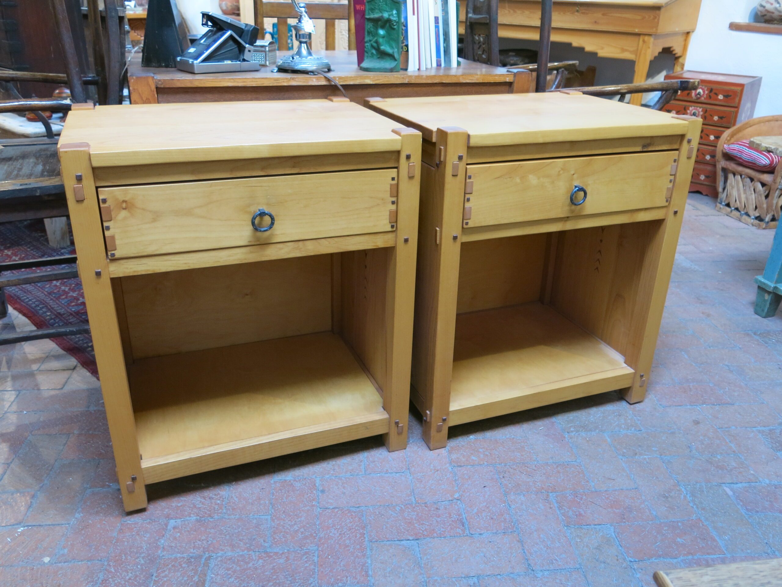 Bob Bresnehan Mortise and Tenon Joint Honey Oak Bedside Table Pair