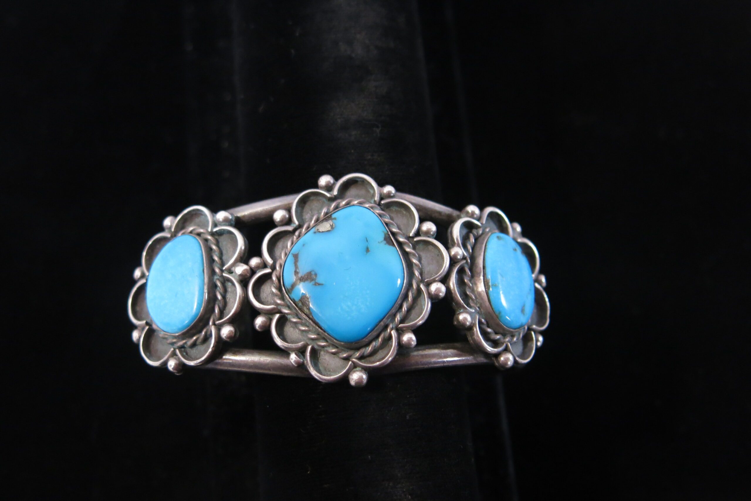 Vintage Navajo Sterling Silver Three-Stone Turquoise Cuff Bracelet