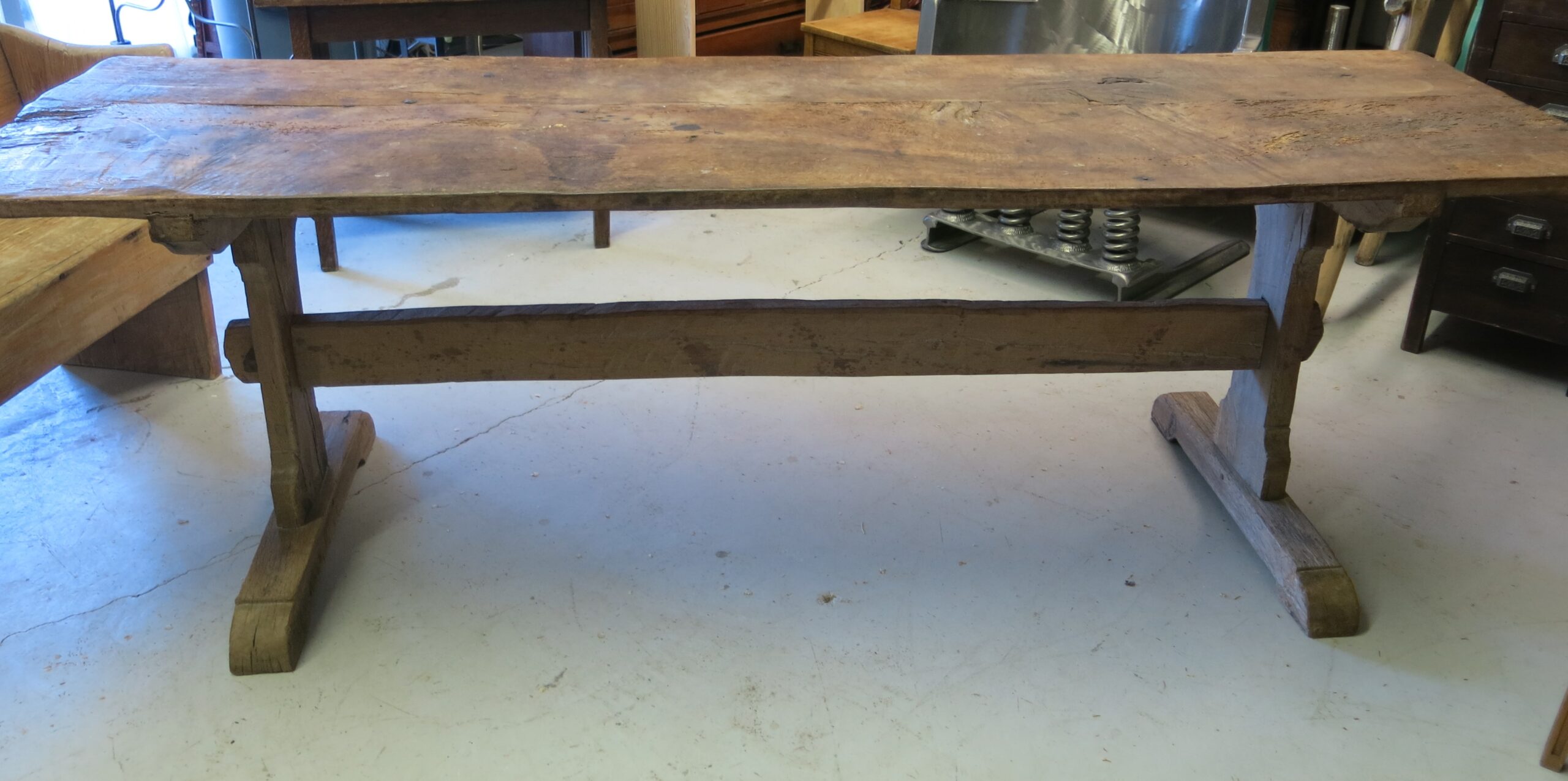 19th C. English Oak Rustic Two-Plank Trestle Refectory Table