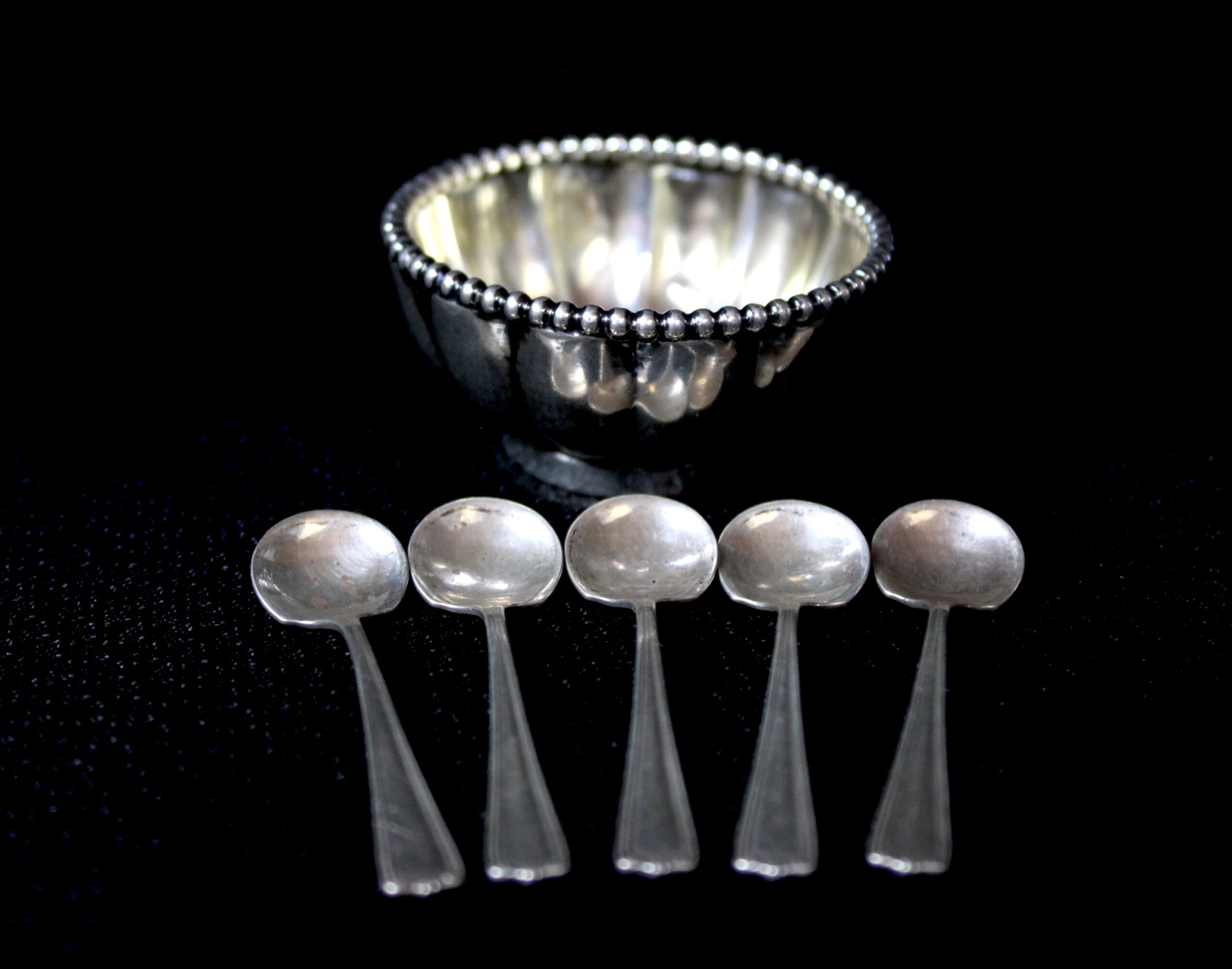 Rare George Shiebler Sterling Silver Salt Cellar with Five Spoons