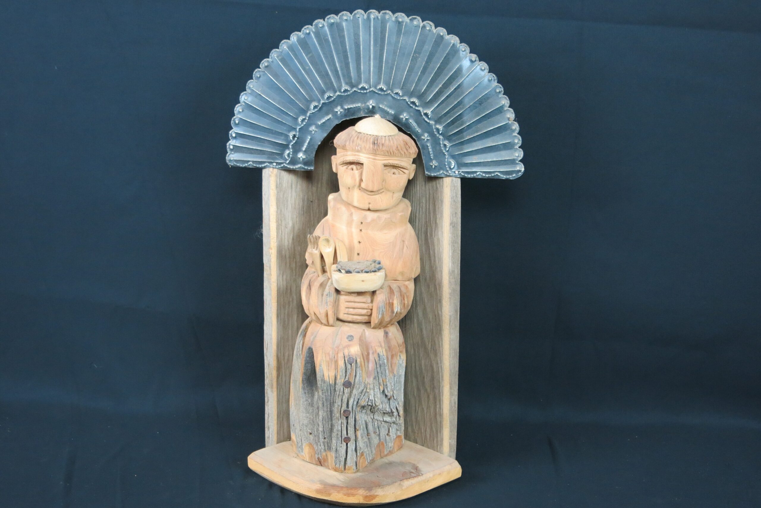 Leonardo Salazar Hand-Carved Bulto/Santo with Tin Fan