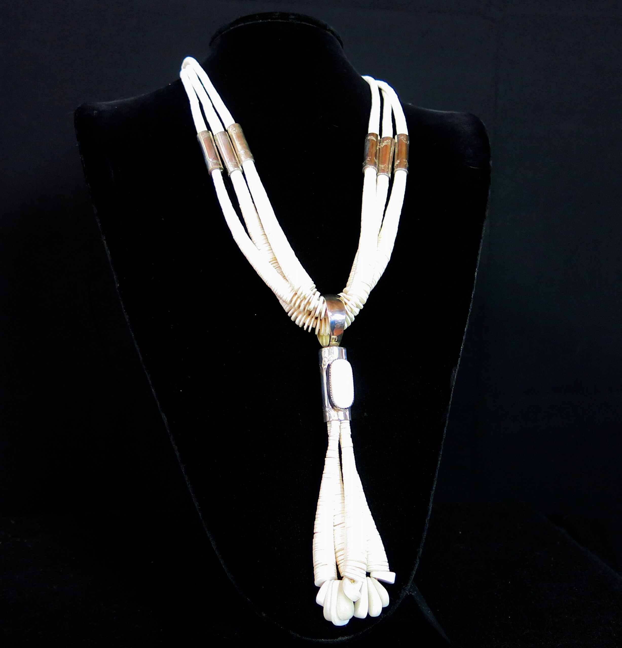 Nestoria Coriz Heishi Mother of Pearl and Sterling Jacla Necklace.
