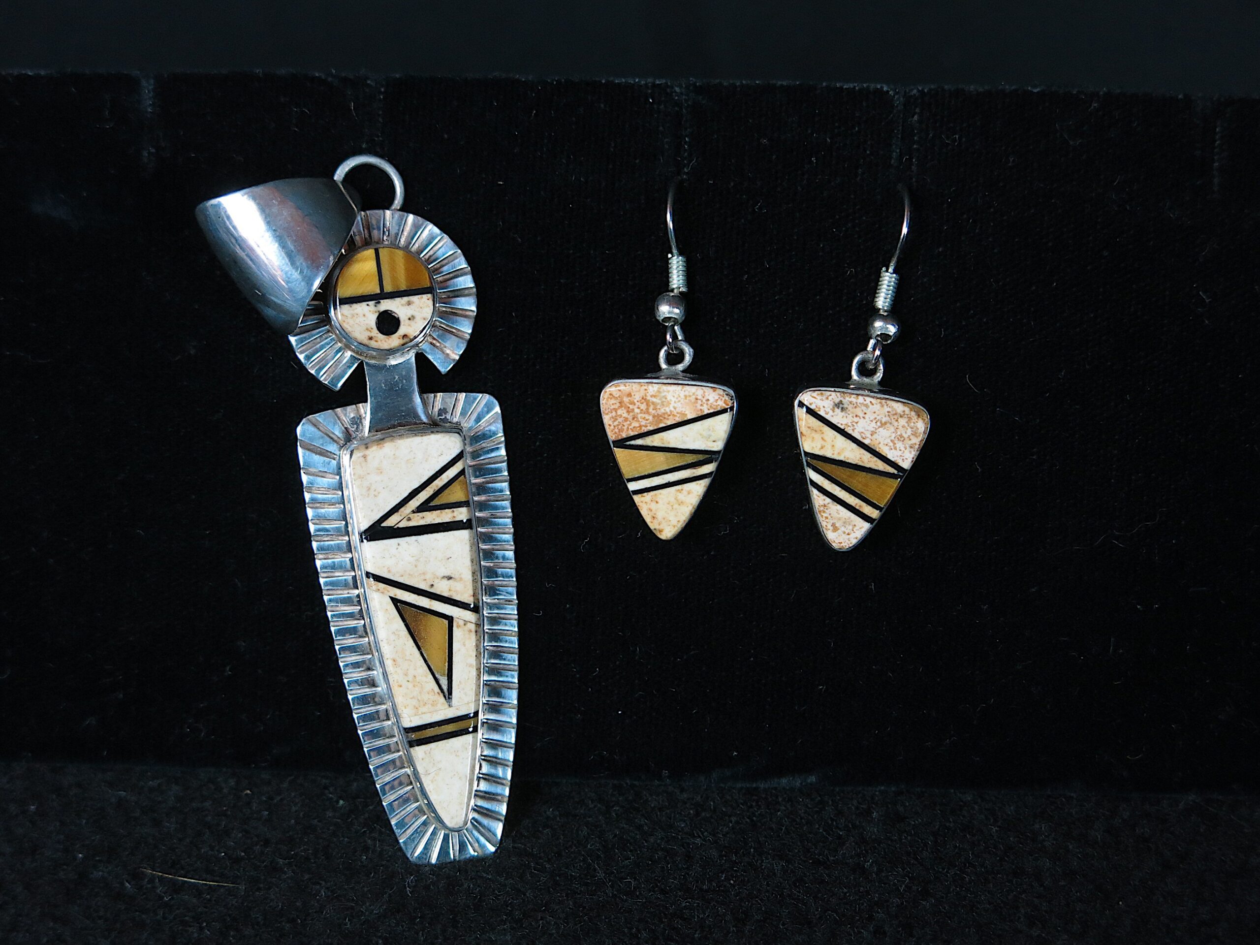 Charlie Bowie Channel Inlay Sun Face Pendant and Earrings