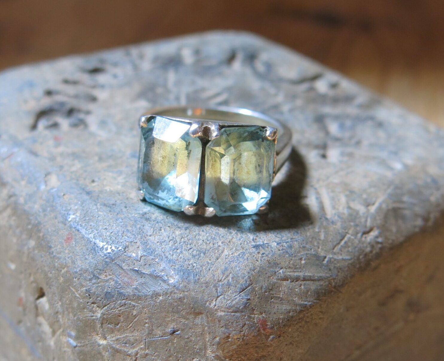 Vintage Sterling Silver Toi et Moi Emerald Cut Aquamarine Ring