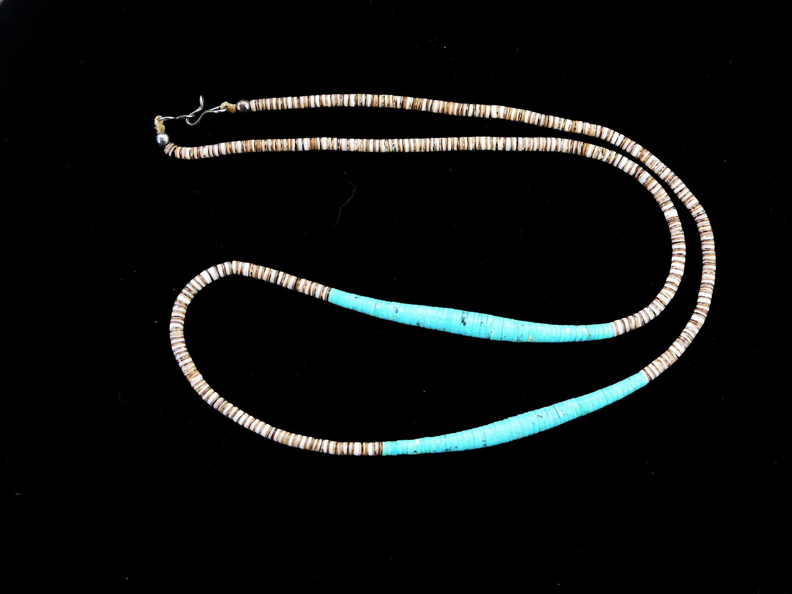 Heishi Shell and Turquoise Graduated Bead Necklace 26″