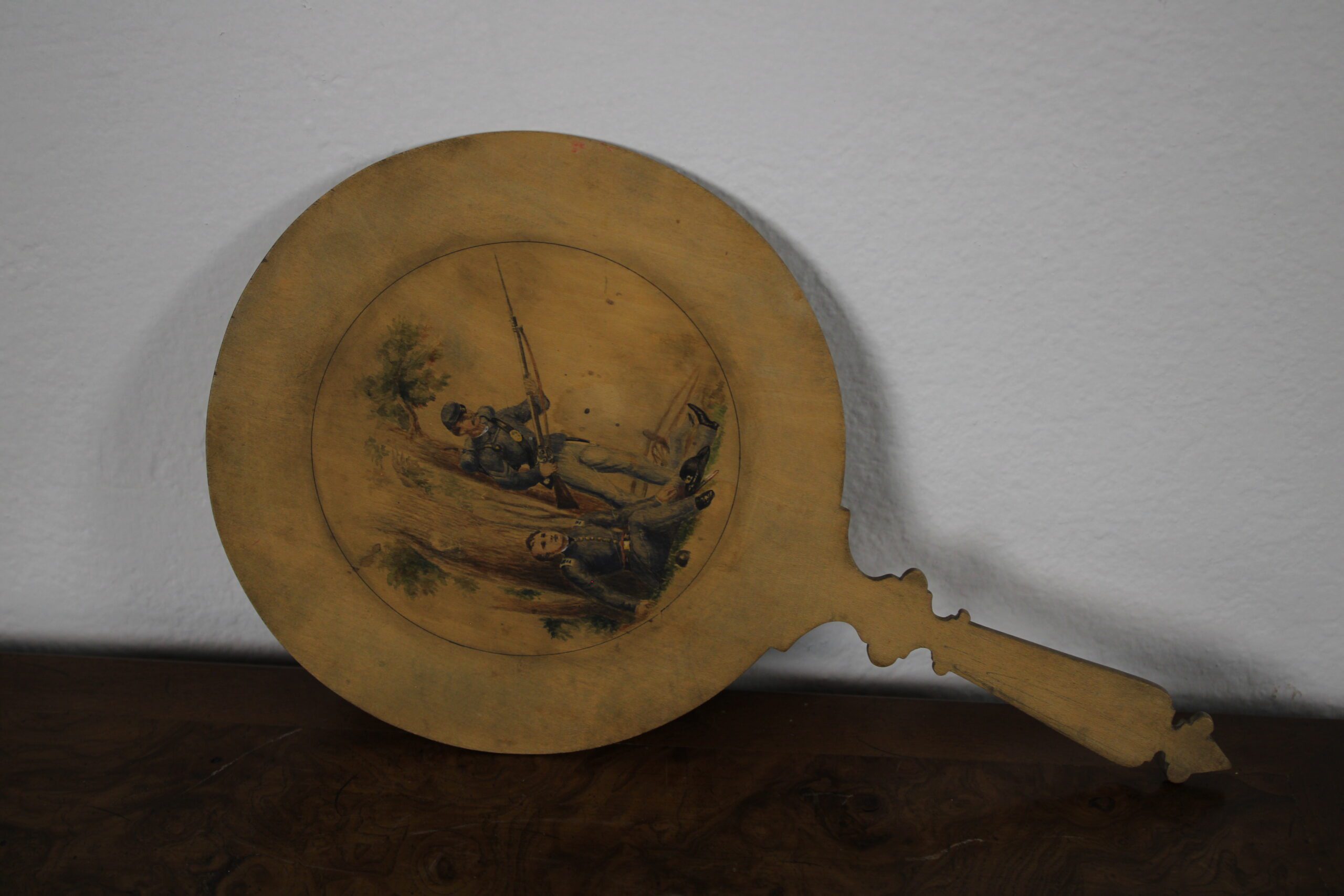 Civil War Era Hand-Painted Union Soldier/Bunting Double-Sided Wooden Fan C. 1860