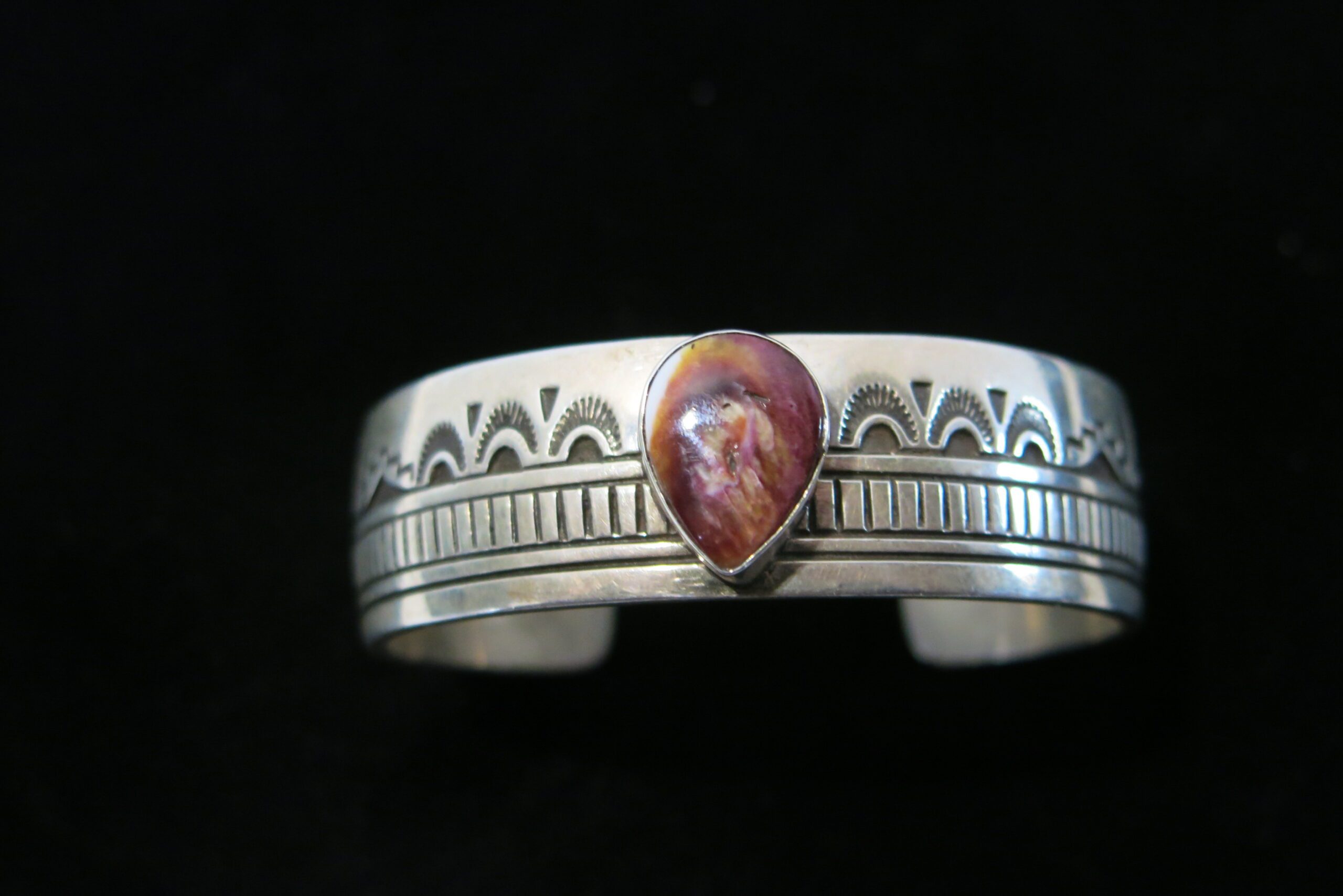 Charlie John Spiny Oyster Teardrop Cabochon Silver Cuff Bracelet