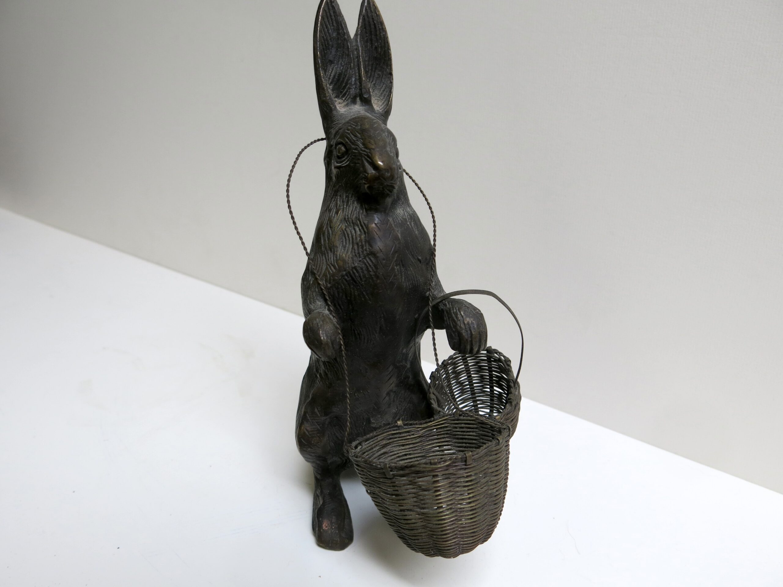 Victorian Cold Painted Bronze Rabbit Figure with Wire Woven Baskets