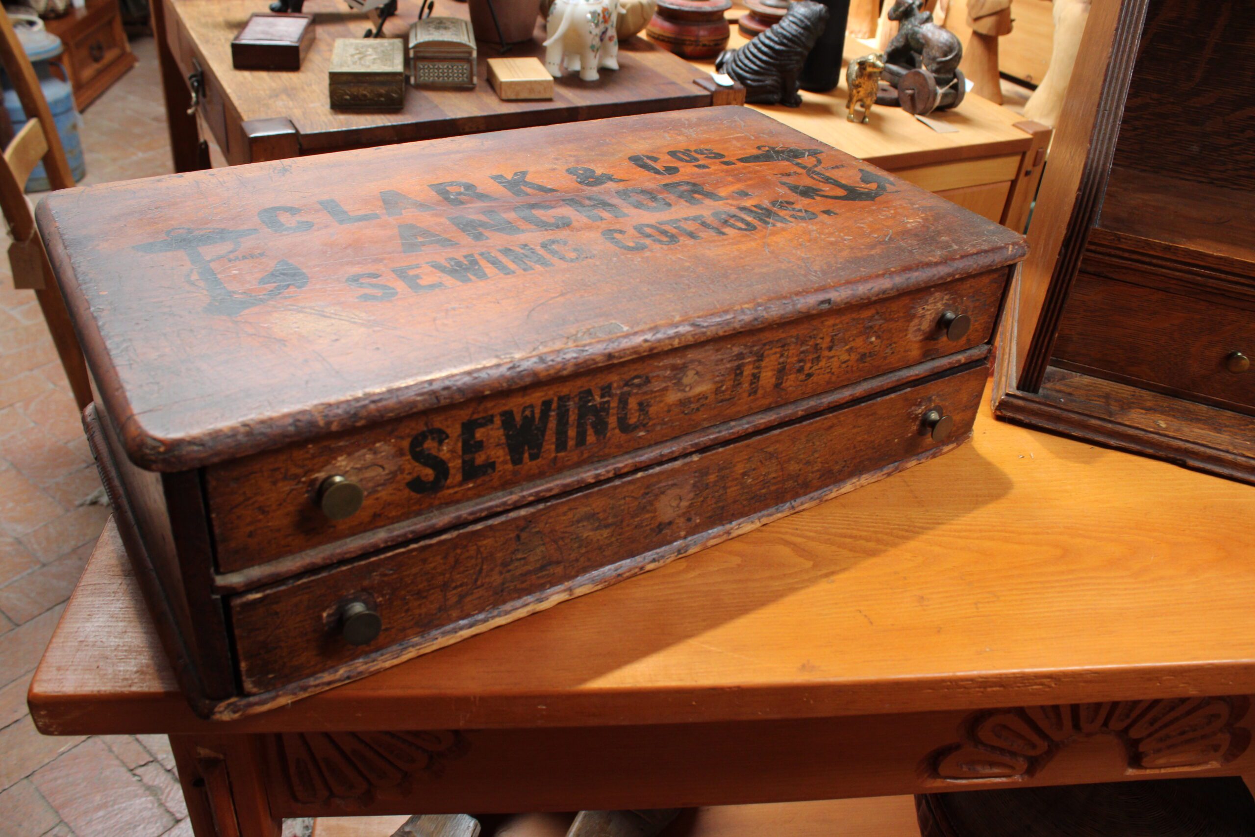 Clark & Co’s Anchor Sewing Cottons 2-Drawer Country Store Spool Cabinet c.1880-1900