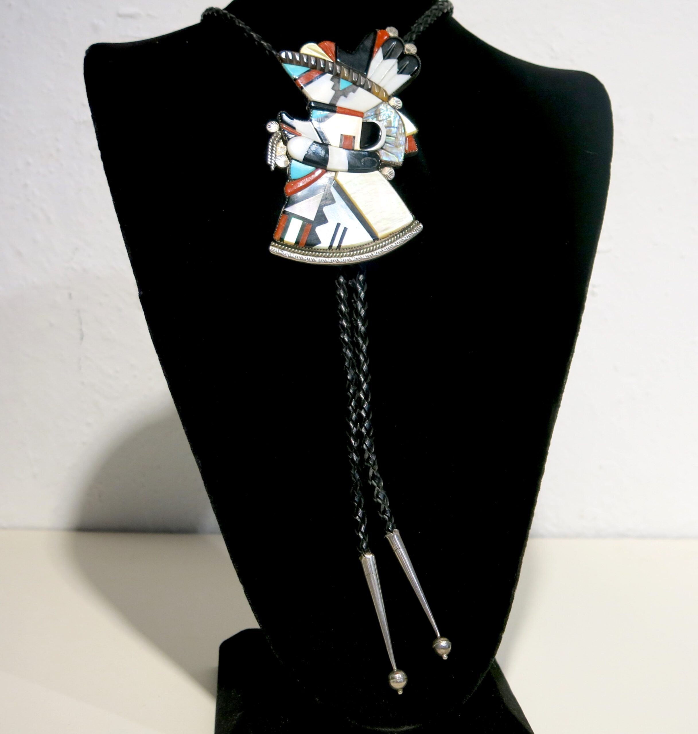 Zuni Inlay Fancy Dancer Sterling Silver Bolo Signed Dewa Ca. 1990