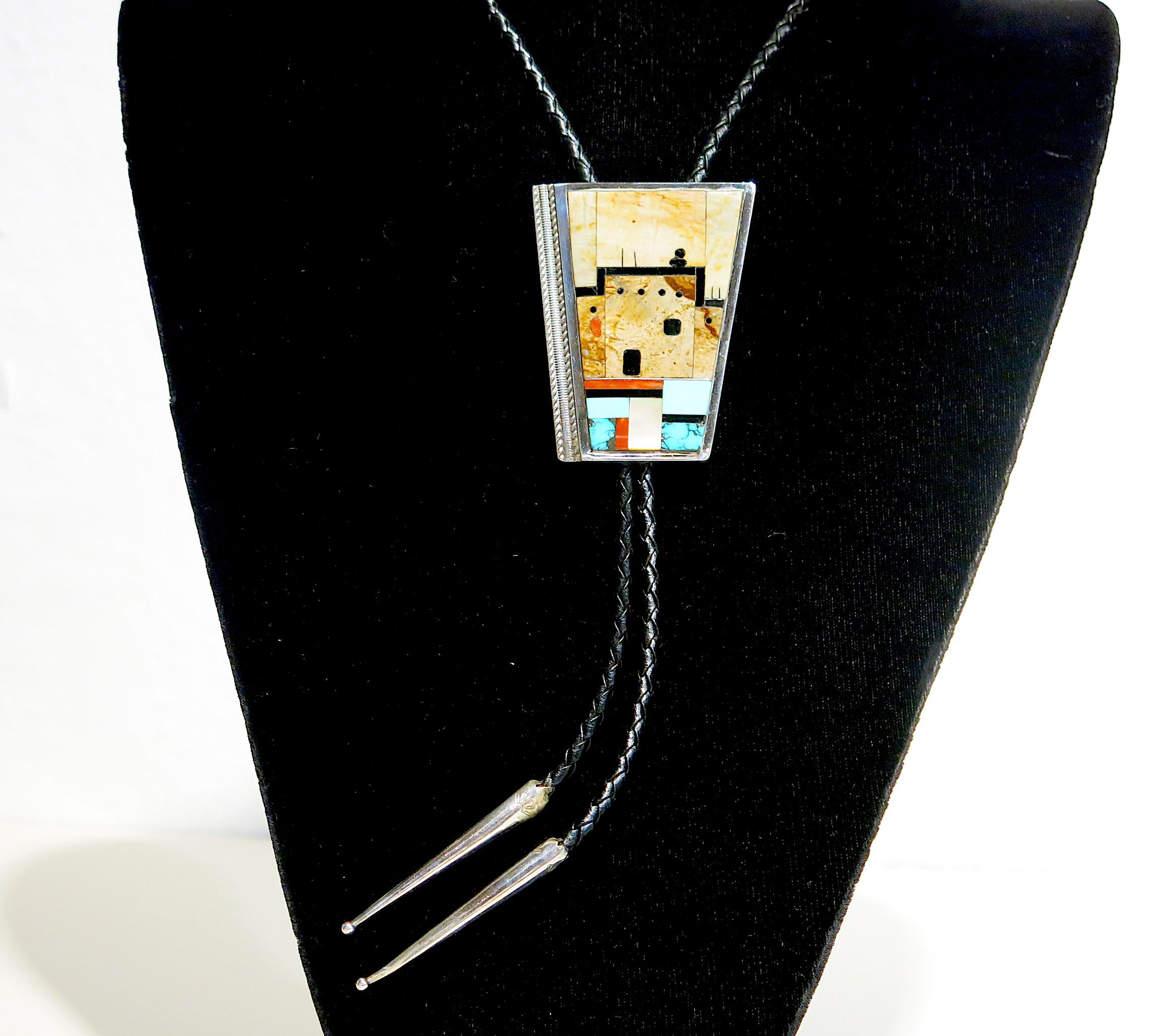 Gilbert & Mildred Calavaza Zuni Sterling Pictorial Inlay Bolo Tie Signed GMC