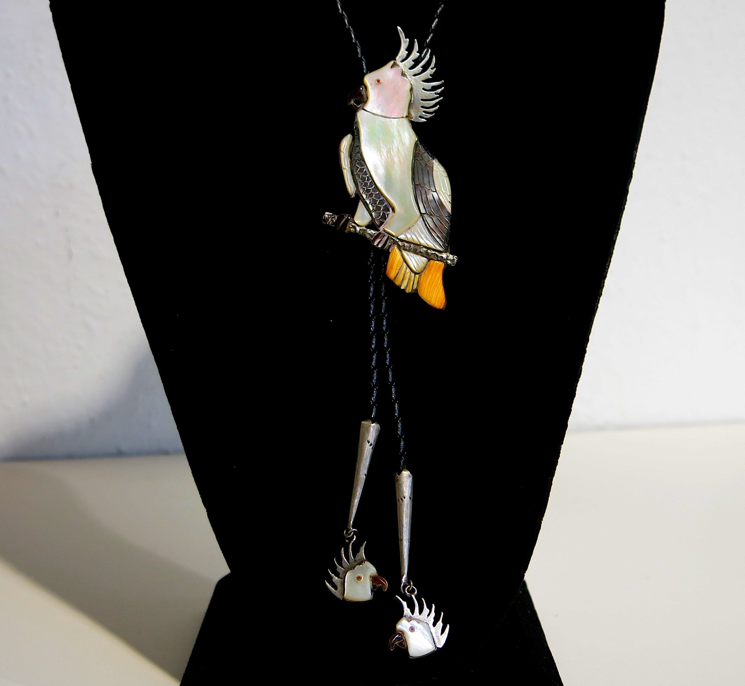 Sterling Silver & Shell Inlay Cockatoo Bolo Tie