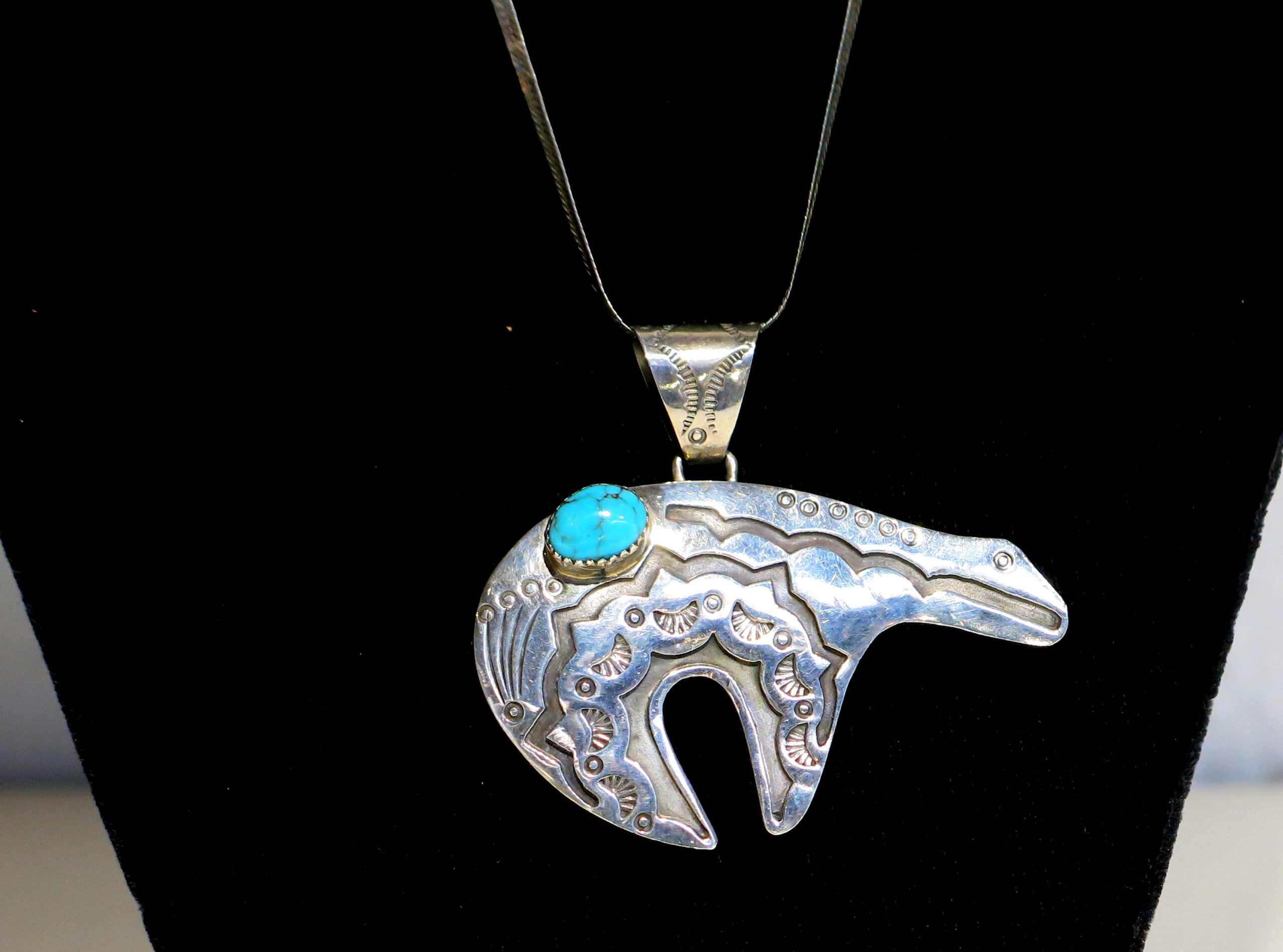 Navajo Sterling Silver Bear Pendant with Turquoise Cabochon & Sterling Snake Chain Stamped NS Sterling