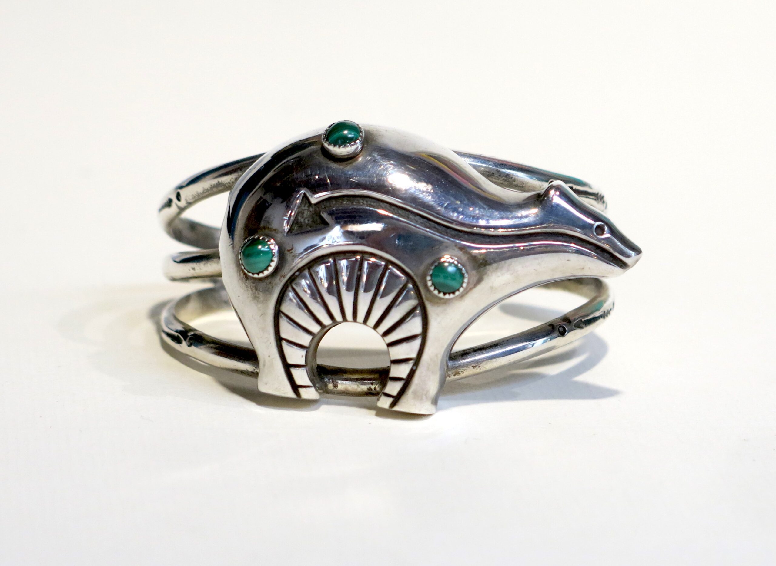 Navajo Sterling Silver Bear Cuff Bracelet with Malachite Stones, Stamped STERLING