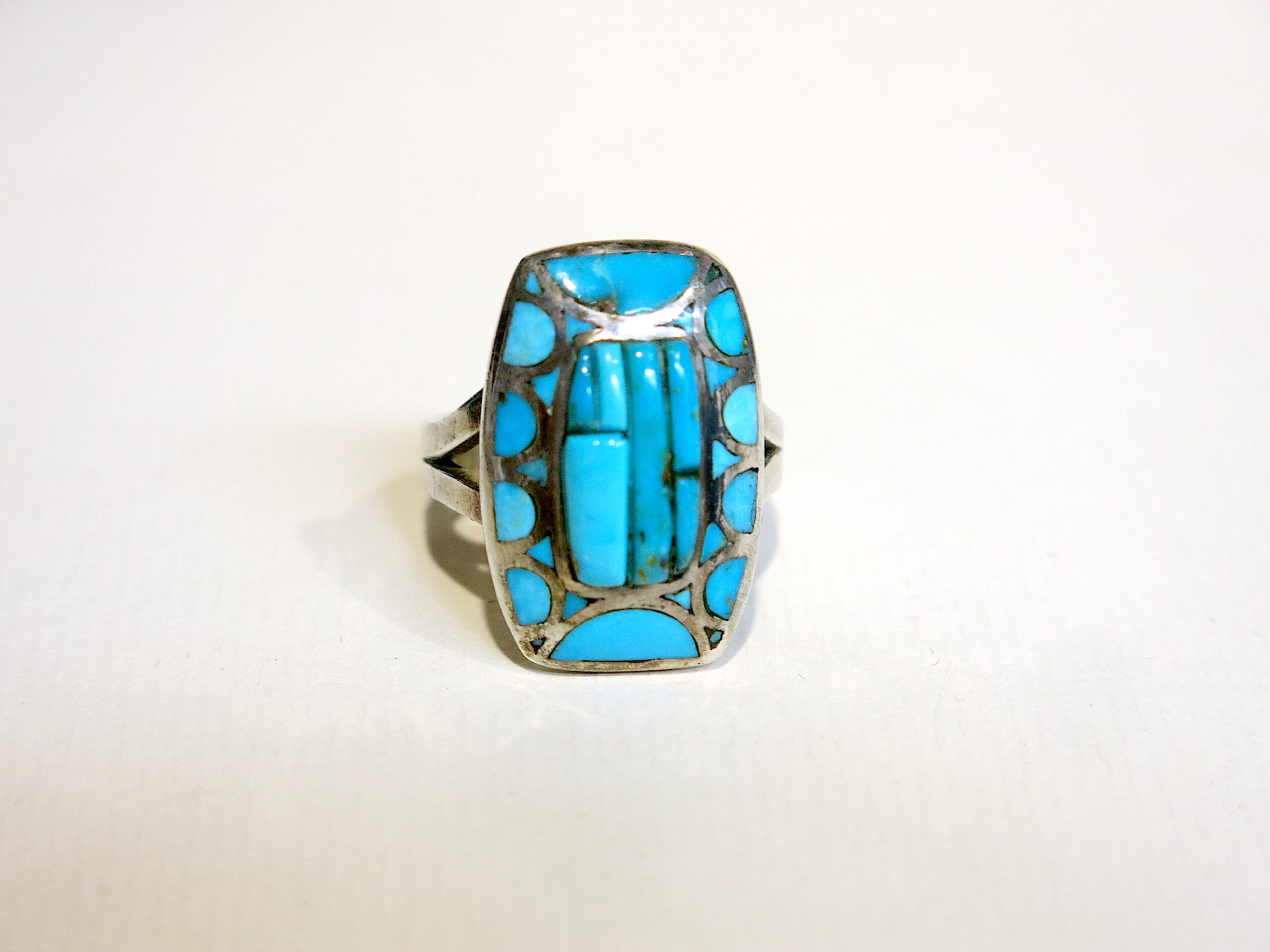 Signed D Stewart Zuni Sterling Silver Sleeping Beauty Turquoise Channel Inlay Ring - Image 5