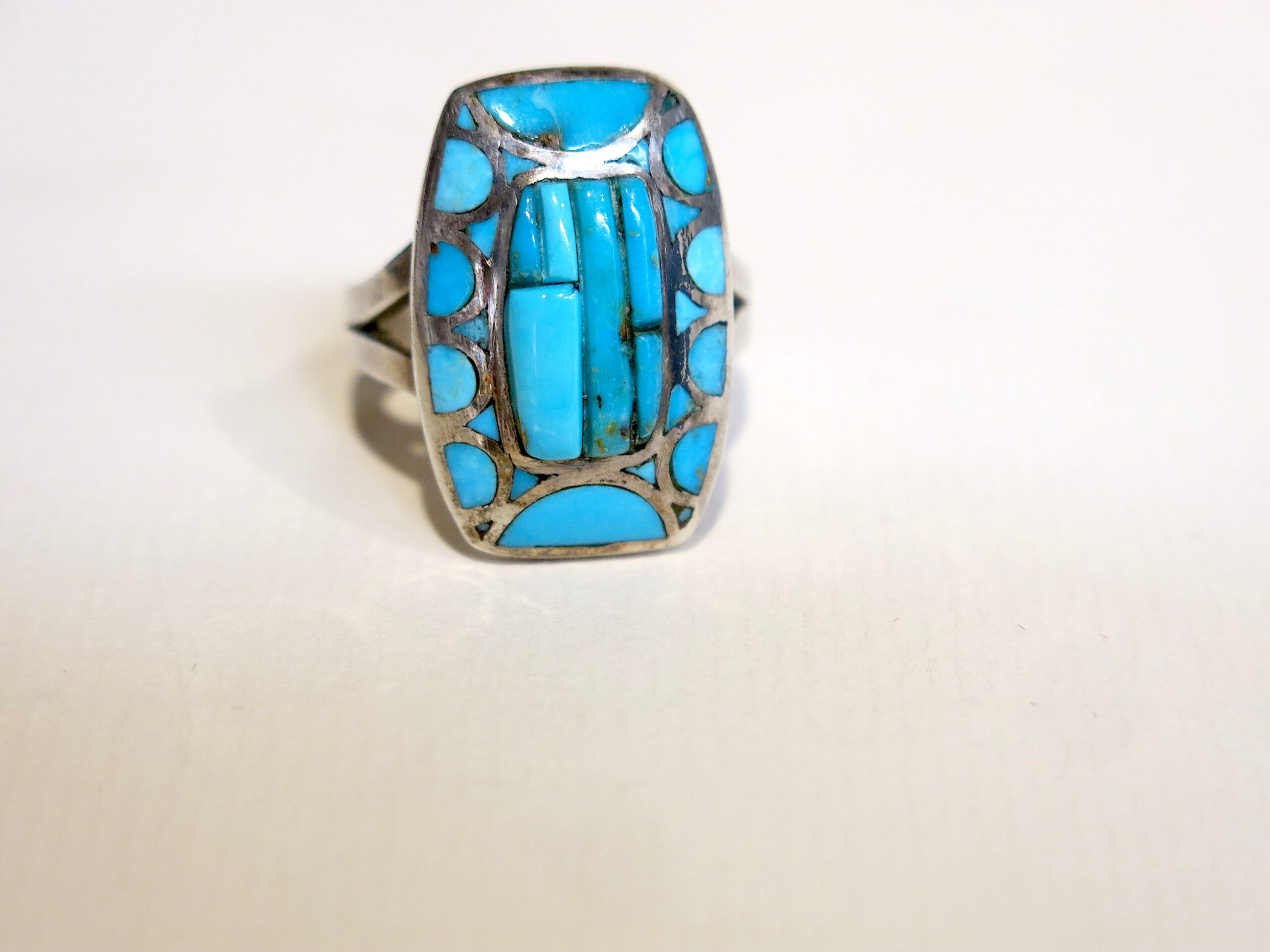 Signed D Stewart Zuni Sterling Silver Sleeping Beauty Turquoise Channel Inlay Ring