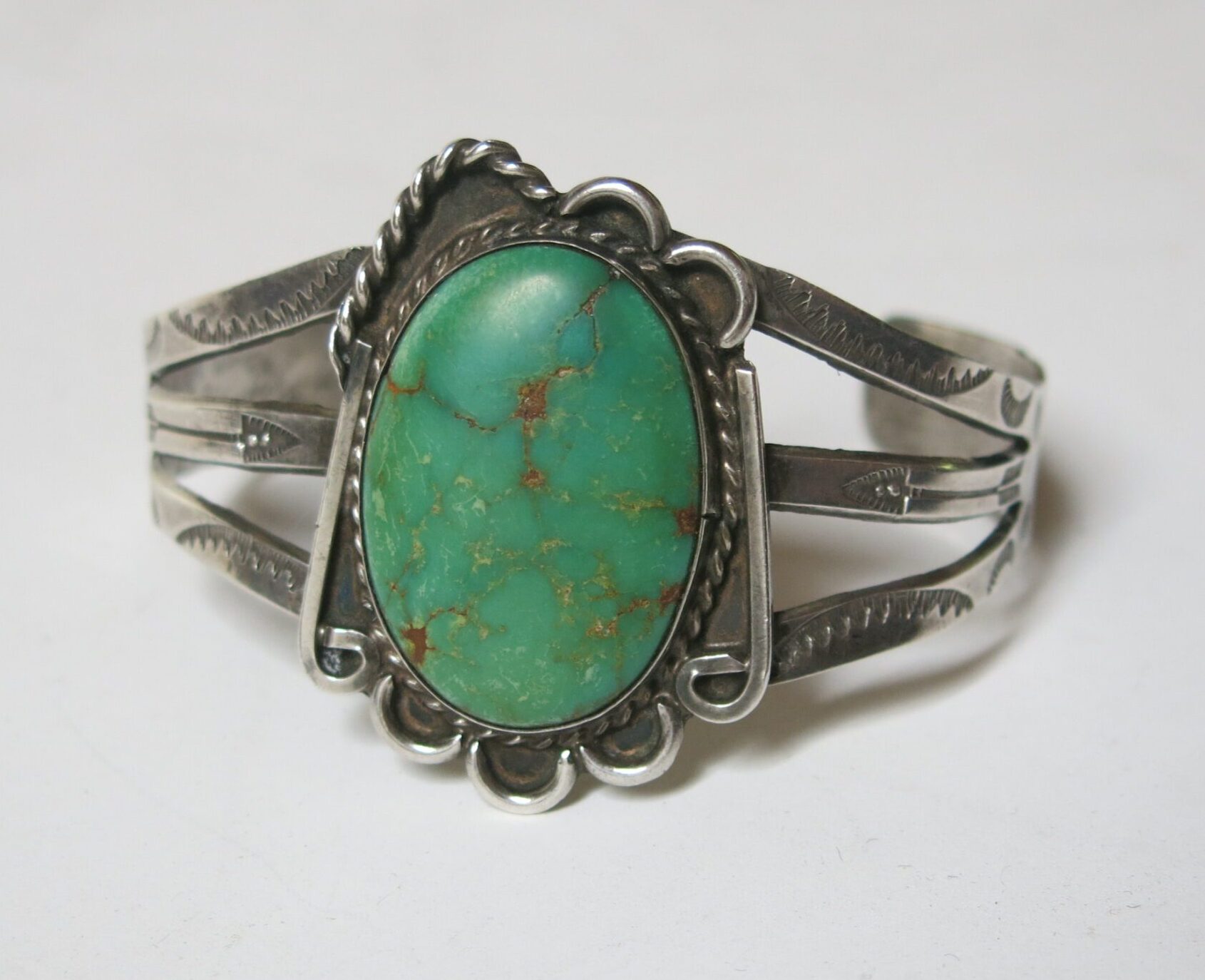 Sterling Silver Navajo Split-Shank Cuff with Large Green Turquoise Stone