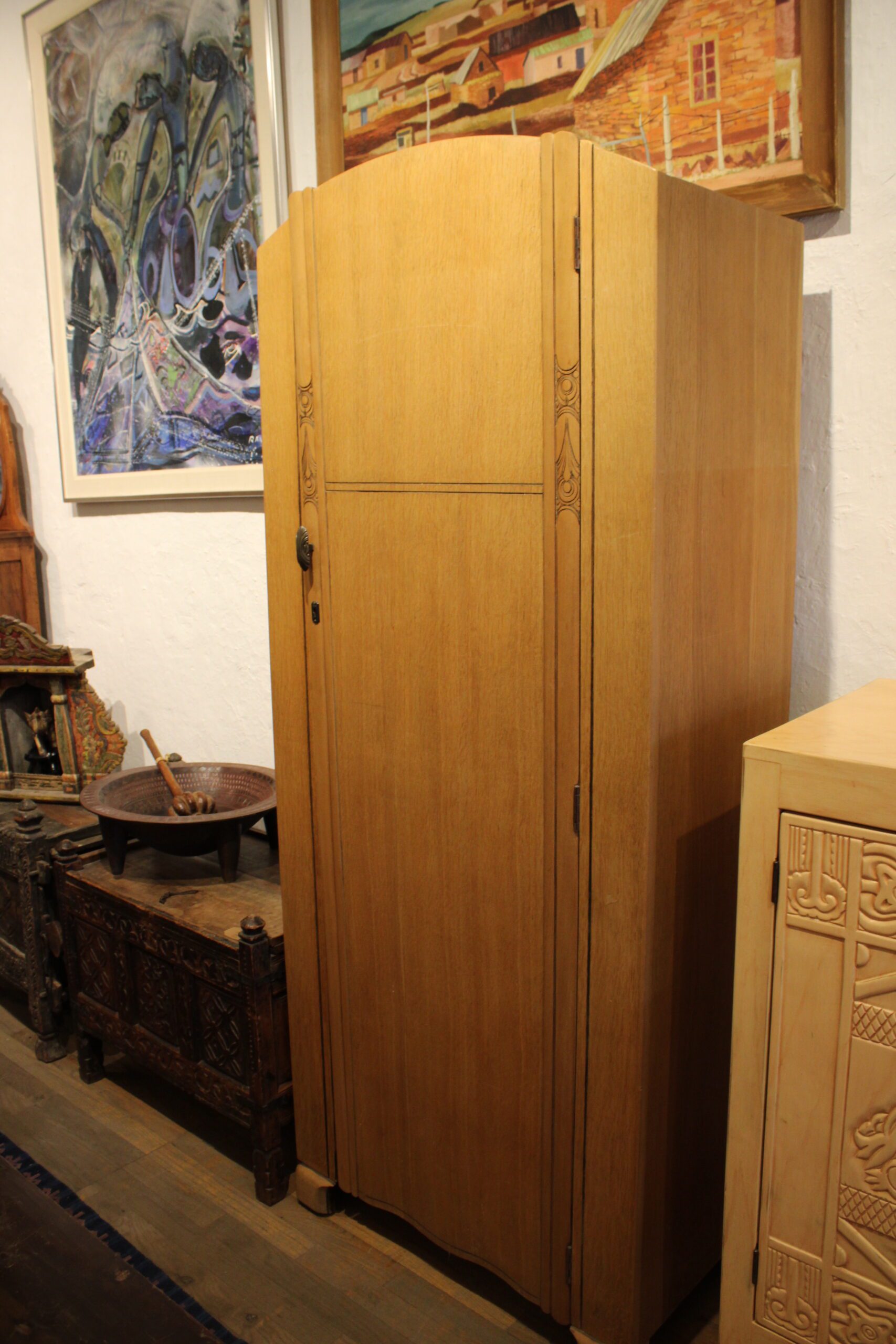 Antique Belgian Art Deco Single Door Oak Wardrobe