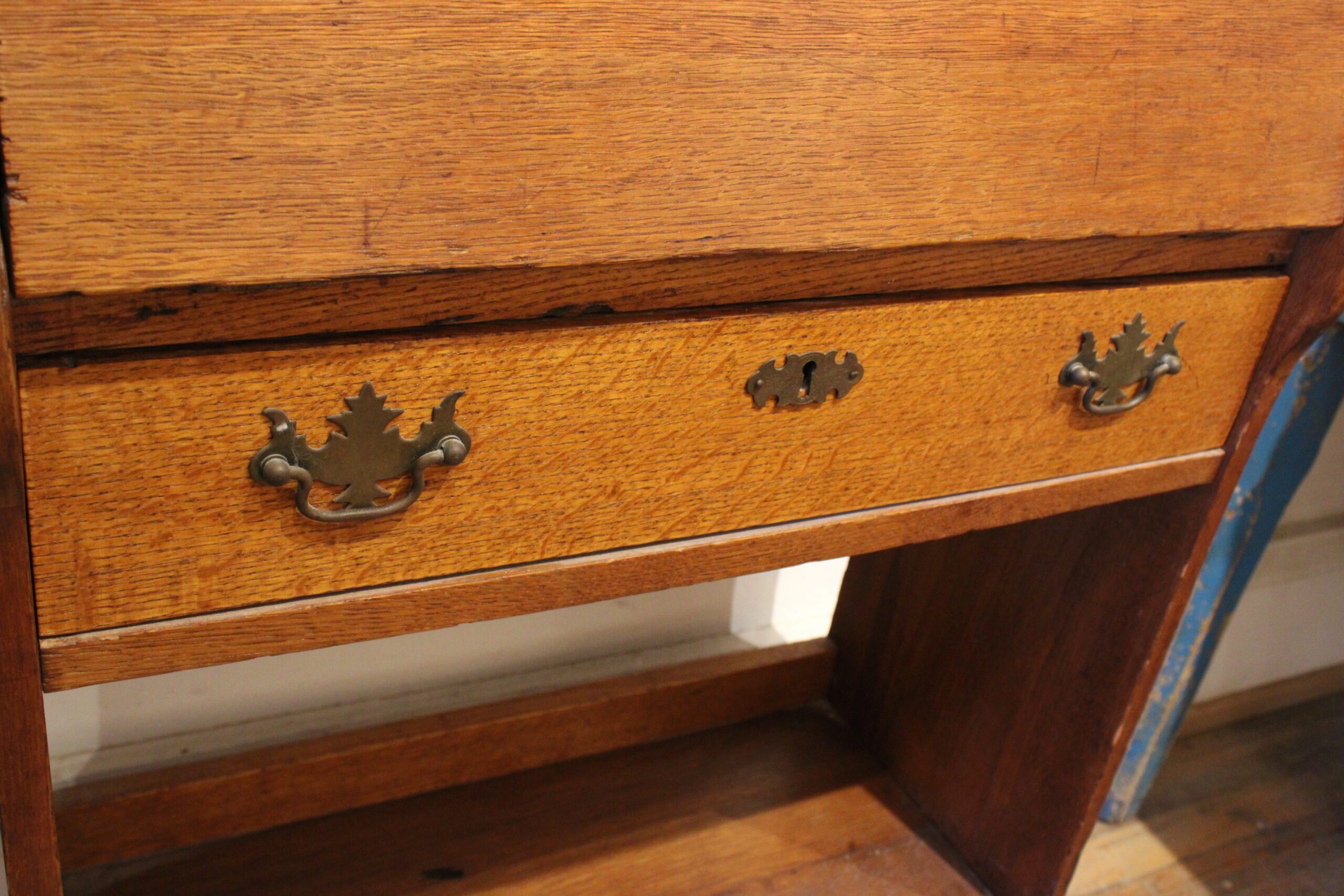 Edwardian English Oak Drop Front Secretary Desk - Image 4