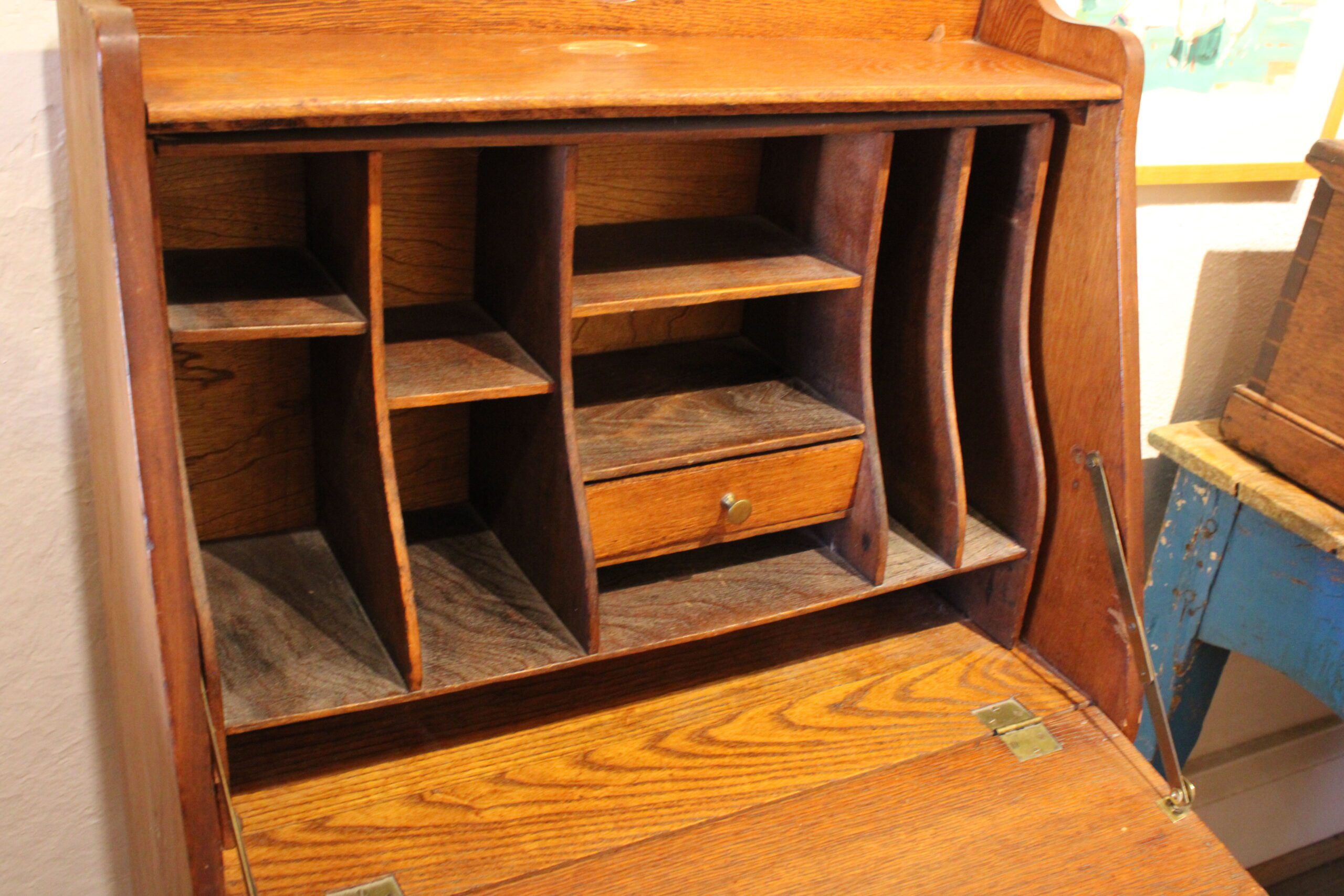 Edwardian English Oak Drop Front Secretary Desk - Image 10
