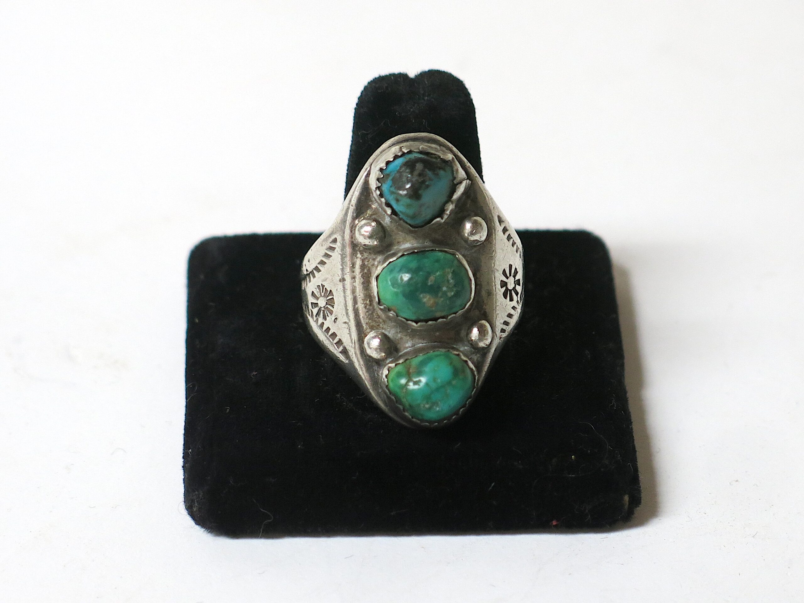 Old Pawn Navajo Three Stone Large Turquoise Ring