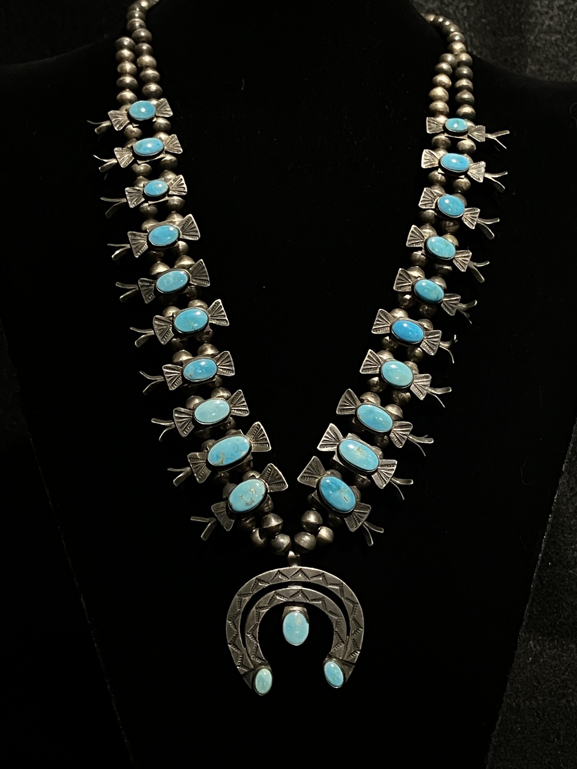 Vintage Navajo Squash Blossom Necklace 26″ with 23 Turquoise Stones