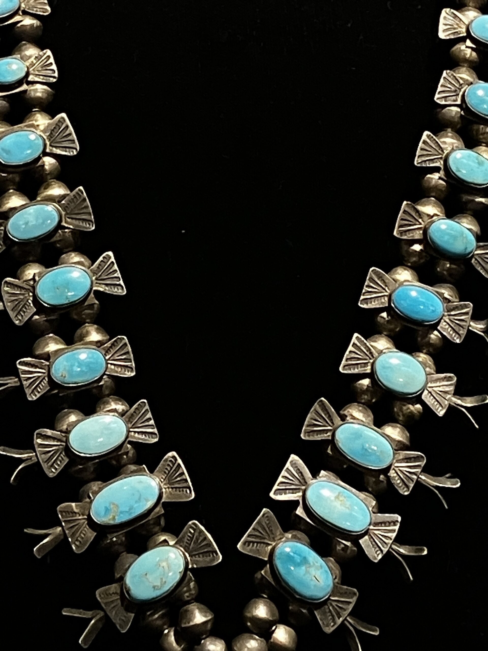 Vintage Navajo Squash Blossom Necklace 26" with 23 Turquoise Stones - Image 3