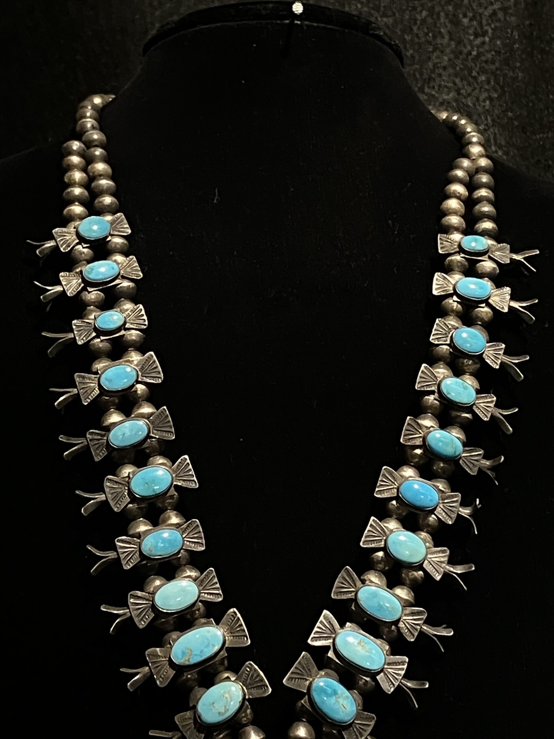 Vintage Navajo Squash Blossom Necklace 26" with 23 Turquoise Stones - Image 4