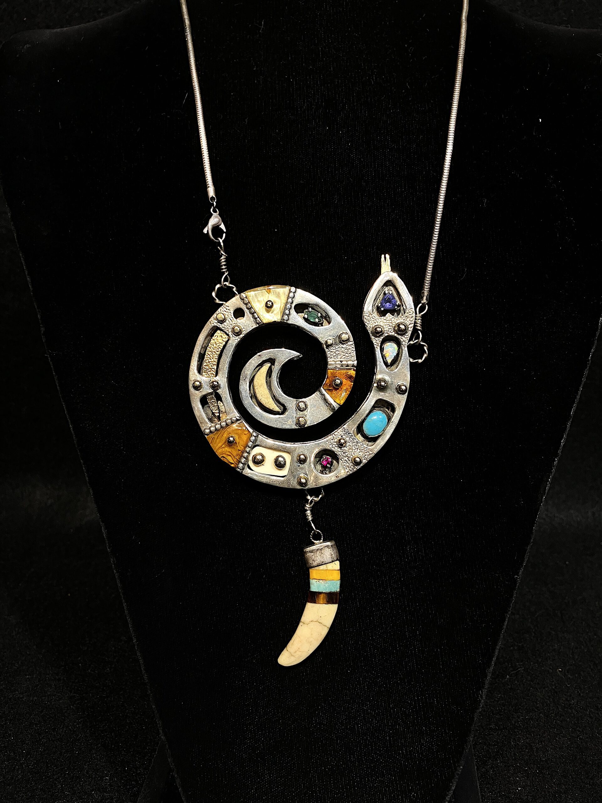 Signed Studio Sterling 14K Serpent Spiral Pendant Necklace Opal Lolite
