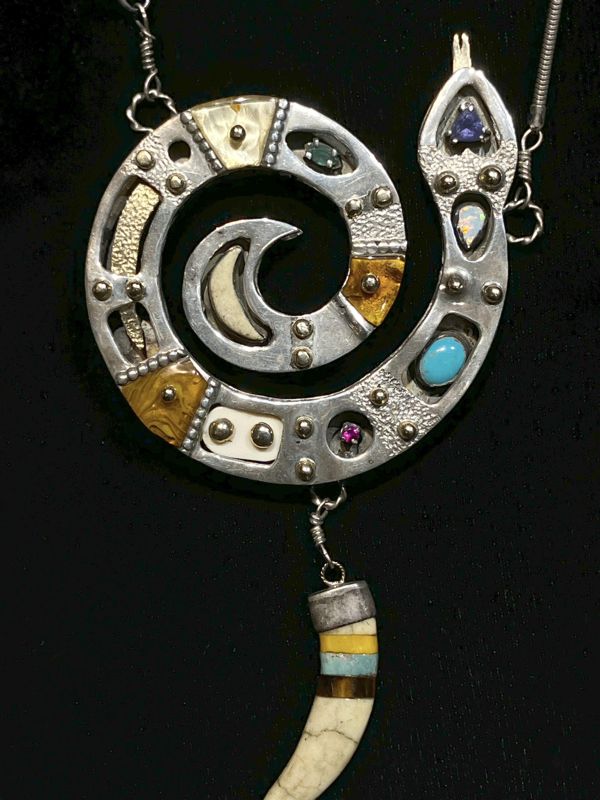 Signed Studio Sterling 14K Serpent Spiral Pendant Necklace Opal Lolite - Image 2