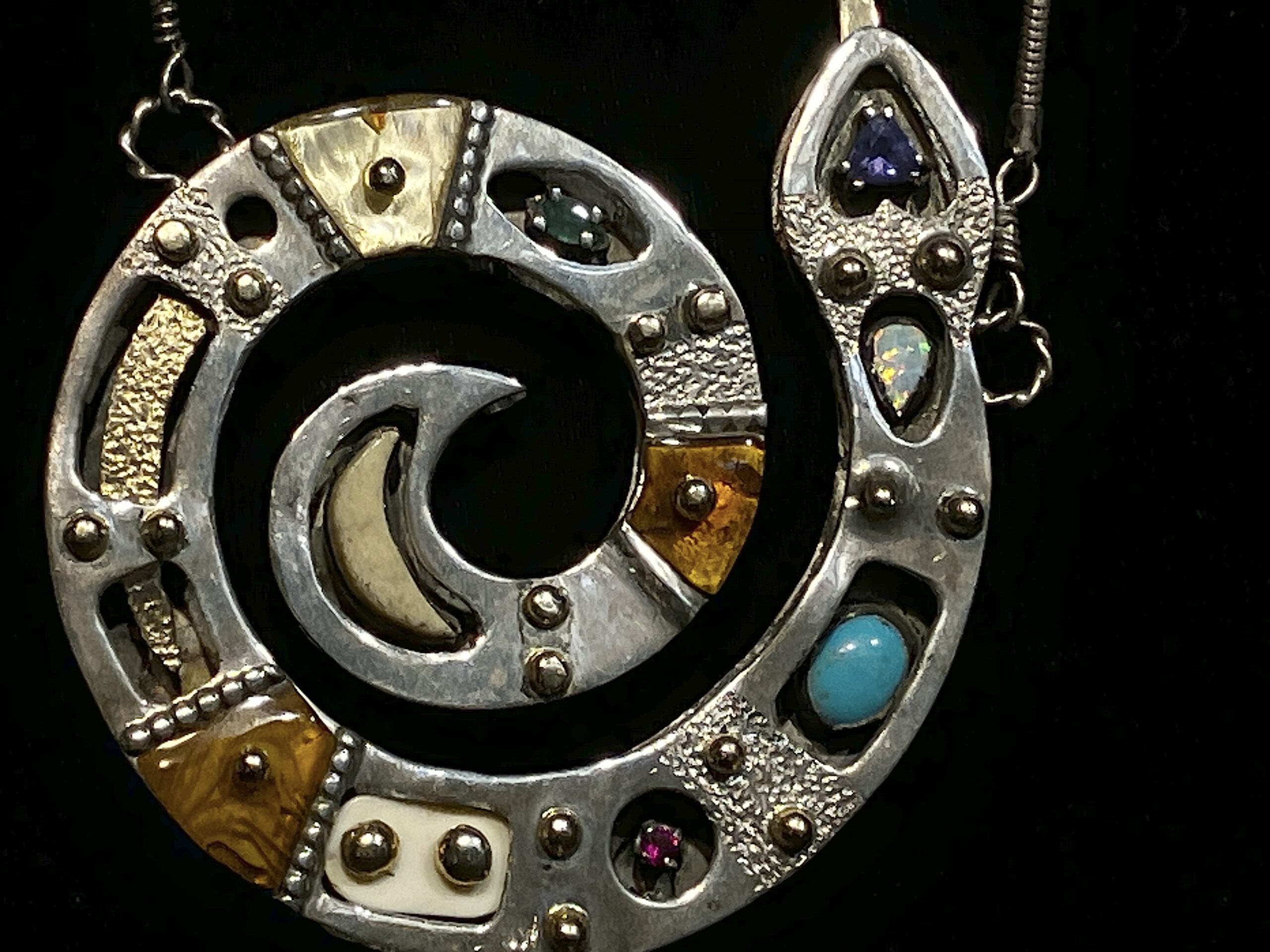Signed Studio Sterling 14K Serpent Spiral Pendant Necklace Opal Lolite - Image 3