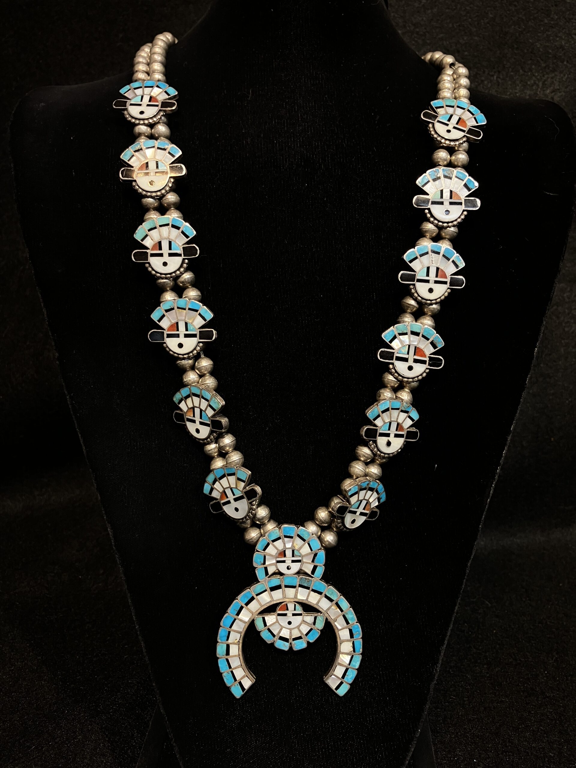 Vintage Zuni Sunface Inlay Squash Blossom Necklace Sterling 28″